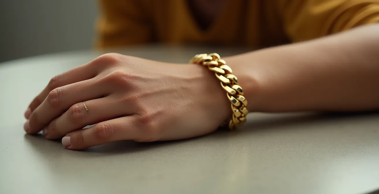 Detailaufnahme eines schweren, massiven Panzerarmbands aus Gold am Handgelenk, das Stärke und Selbstbewusstsein ausstrahlt