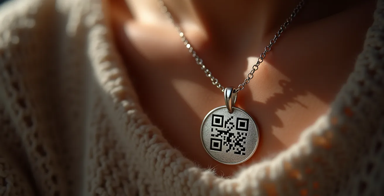 Ein eleganter Schmuckanhänger mit eingraviertem QR-Code, der subtil in das Design integriert ist, symbolisierend die Verbindung zwischen traditionellem Schmuck und digitalem Erbe