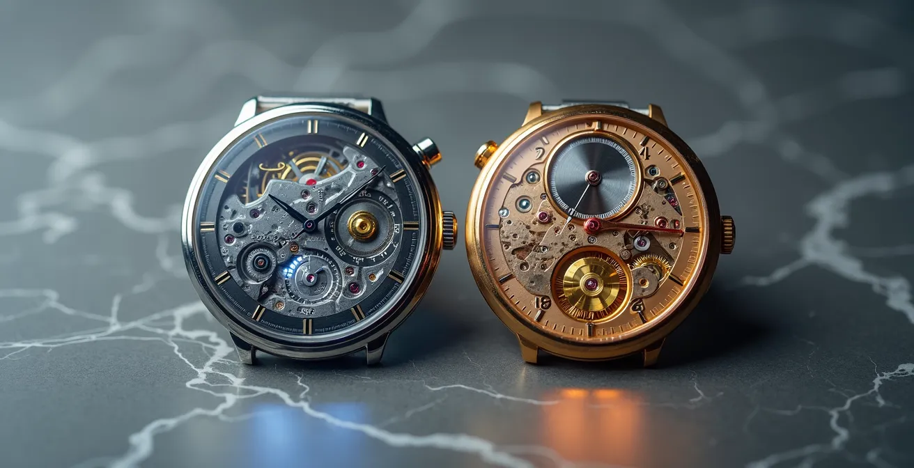 Nebeneinanderstellung einer modernen Quarzuhr und einer traditionellen mechanischen Uhr, die die technologische und philosophische Unterscheidung visualisiert