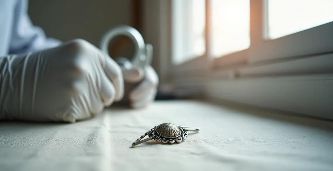 Detailaufnahme eines Restaurators bei der schonenden Begutachtung antiken Silberschmucks mit Patina