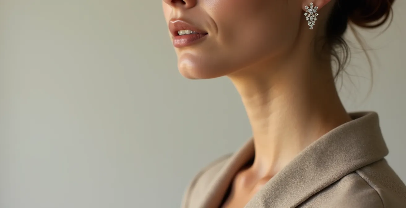 Frau in edlem, einfarbigen Stoff mit einzelnem elegantem Halschmuck als Mittelpunkt, Nahaufnahme auf Schulter und Hals