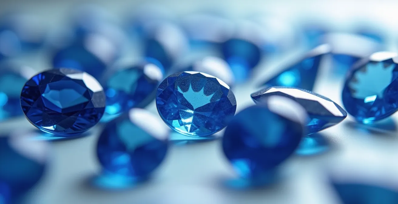 Verschiedene Saphir-Farbnuancen in professioneller Beleuchtung zur Qualitätsbewertung