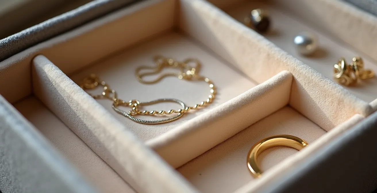 Detailaufnahme einer Schmuckbox mit Samtfächern, eleganter Schmuck ordnungsgemäß arrangiert, minimalistisches Licht