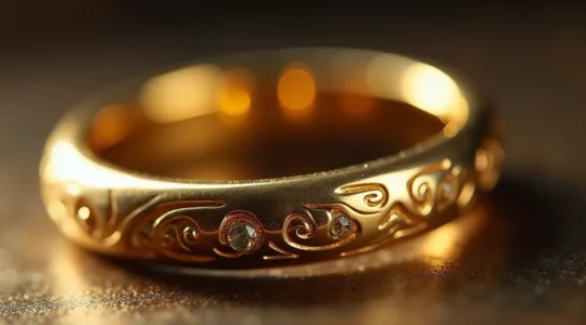 Detaillierte Nahaufnahme eines handwerklich gefertigten Goldschmuckstücks mit makellosen Lötstellen, polierter Innenoberfläche und exakten Fassungen in warmen Lichtverhältnissen, die die Präzision und Sorgfalt deutscher Goldschmiedekunst demonstriert.