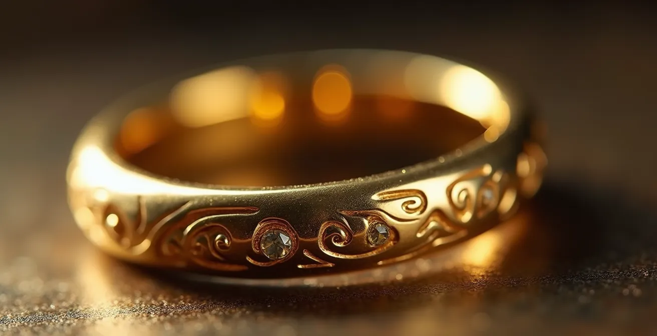 Detaillierte Nahaufnahme eines handwerklich gefertigten Goldschmuckstücks mit makellosen Lötstellen, polierter Innenoberfläche und exakten Fassungen in warmen Lichtverhältnissen, die die Präzision und Sorgfalt deutscher Goldschmiedekunst demonstriert.