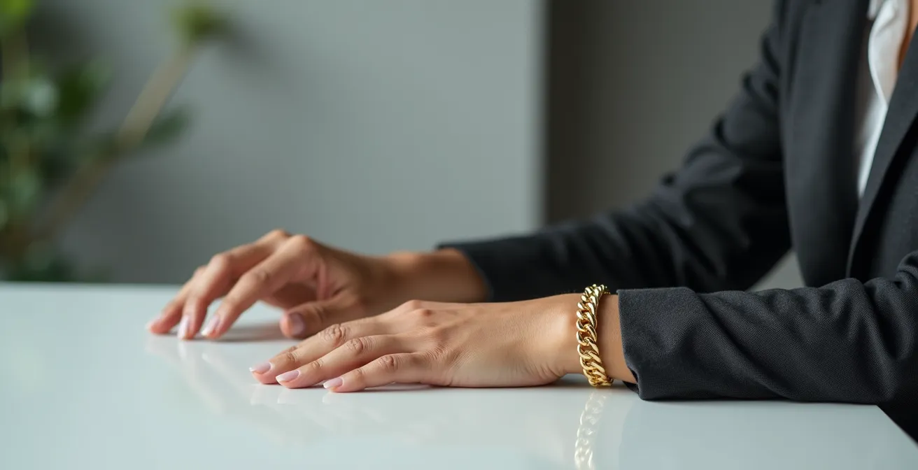 Professionelle Geschäftsfrau in elegantem Blazer mit markant em Armband am Handgelenk, das Stärke und Durchsetzungsvermögen ausstrahlt