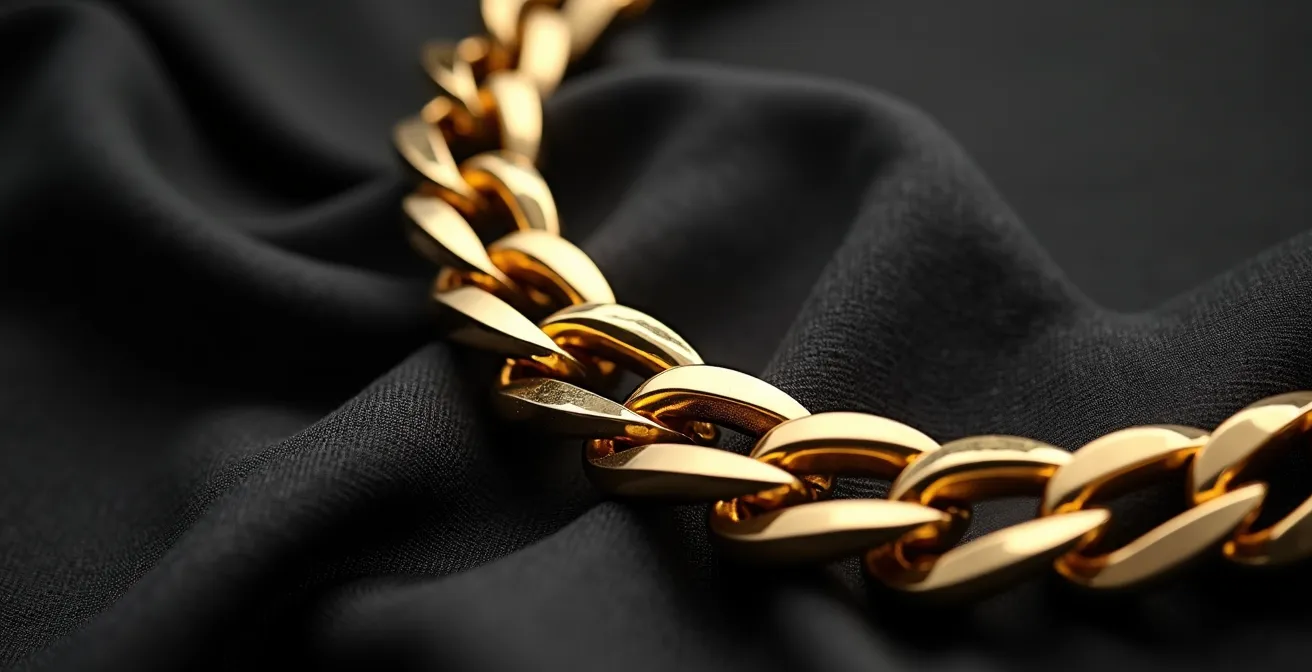 Nahaufnahme einer skulpturalen goldenen Statement-Kette auf schwarzem Stoff mit reduzierter Bauhaus-Ästhetik und geometrischen Formen