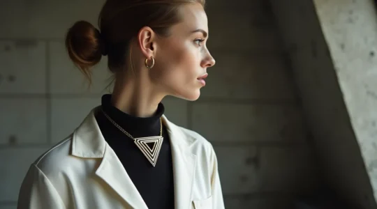 Elegante Frau trägt opulente Statement-Halskette mit minimalistischem schwarzem Leinenoutfit in industrieller Loftumgebung mit Betonwand und diffusem Licht