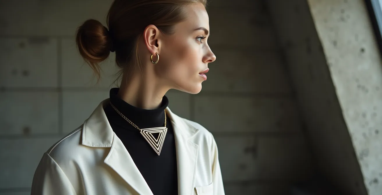 Elegante Frau trägt opulente Statement-Halskette mit minimalistischem schwarzem Leinenoutfit in industrieller Loftumgebung mit Betonwand und diffusem Licht