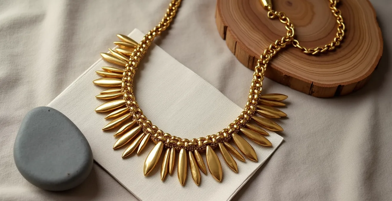 Symbolische Darstellung eines modischen Gegensatzes: hochwertiger handgefertigter Schmuck kombiniert mit natürlichen Materialien in reduzierter Komposition