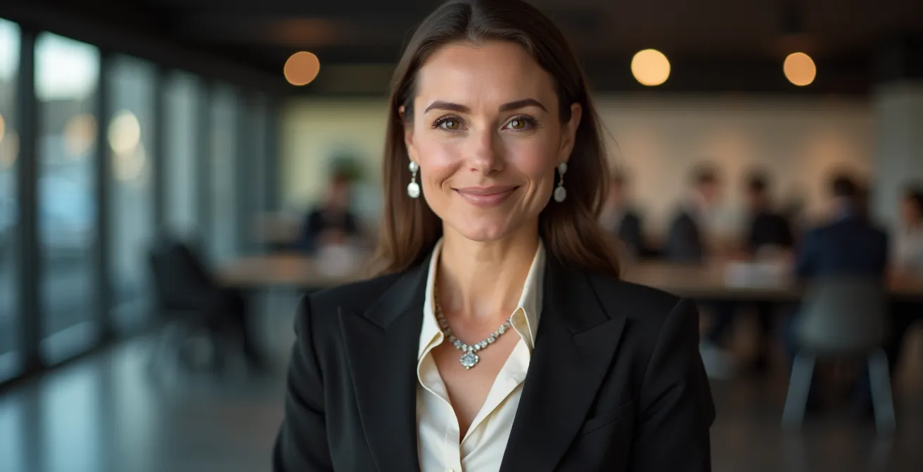 Klassische deutsche Nachrichtensprecherin in zeitloser Mode vor blauem Hintergrund, das Symbol für Zeitlosigkeit und Professionalism in Mode.