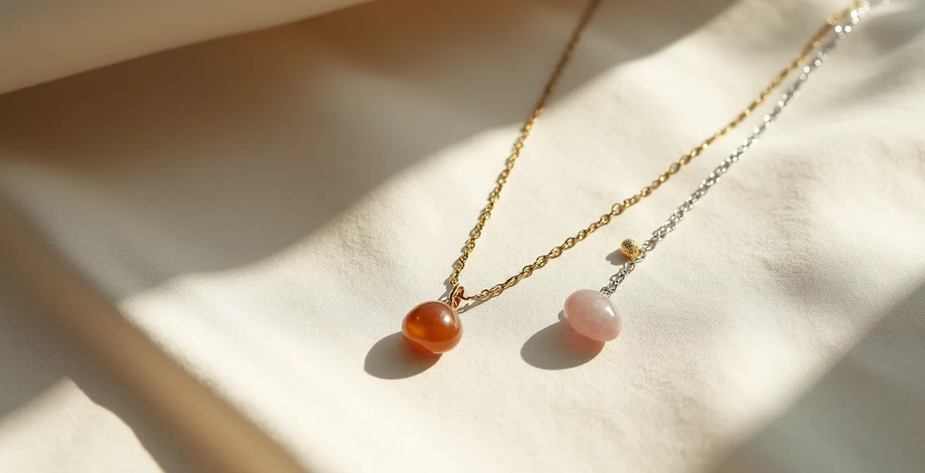 Anordnung mehrerer verschieden grosser Anhaenger auf einer Kette, zeigend wie ein Hauptanhaenger mit kleineren ergaenzenden Elementen eine visuelle Erzaehlung schafft