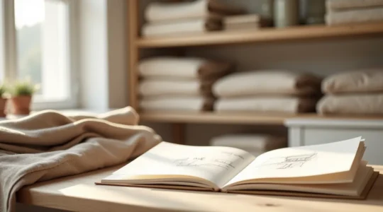 Zeitlose Mode: Minimalistisches Atelier mit hochwertiger Kleidung, neutrale Farbpaletten, natürliche Stoffe wie Leinen und Wolle in skandinavischem Design.