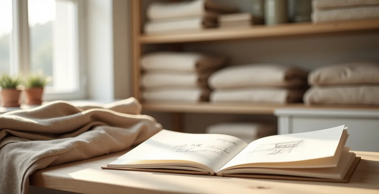 Zeitlose Mode: Minimalistisches Atelier mit hochwertiger Kleidung, neutrale Farbpaletten, natürliche Stoffe wie Leinen und Wolle in skandinavischem Design.