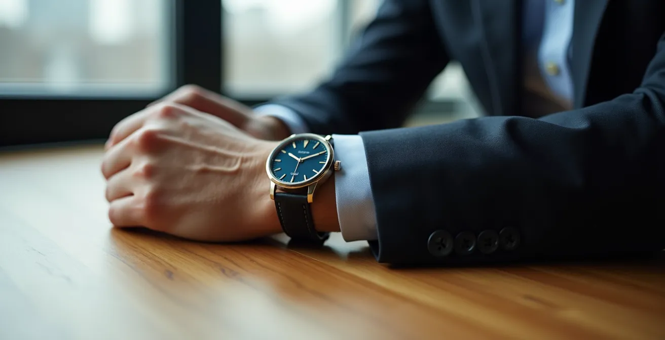 Geschäftsmann führt unauffällige Handgelenksbewegung am Schreibtisch aus