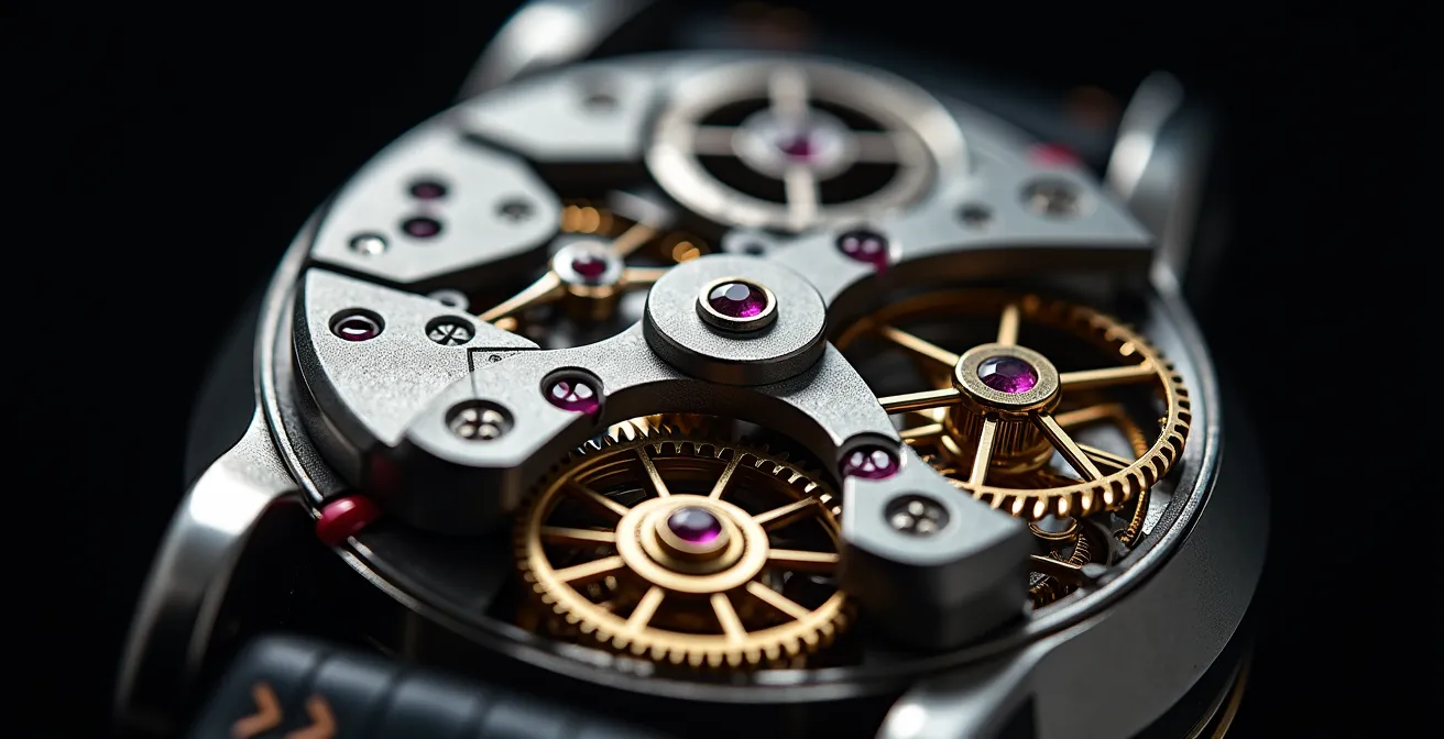 Makroaufnahme eines minimalistischen Uhrwerks mit sichtbaren deutschen Präzisionsmechanismen