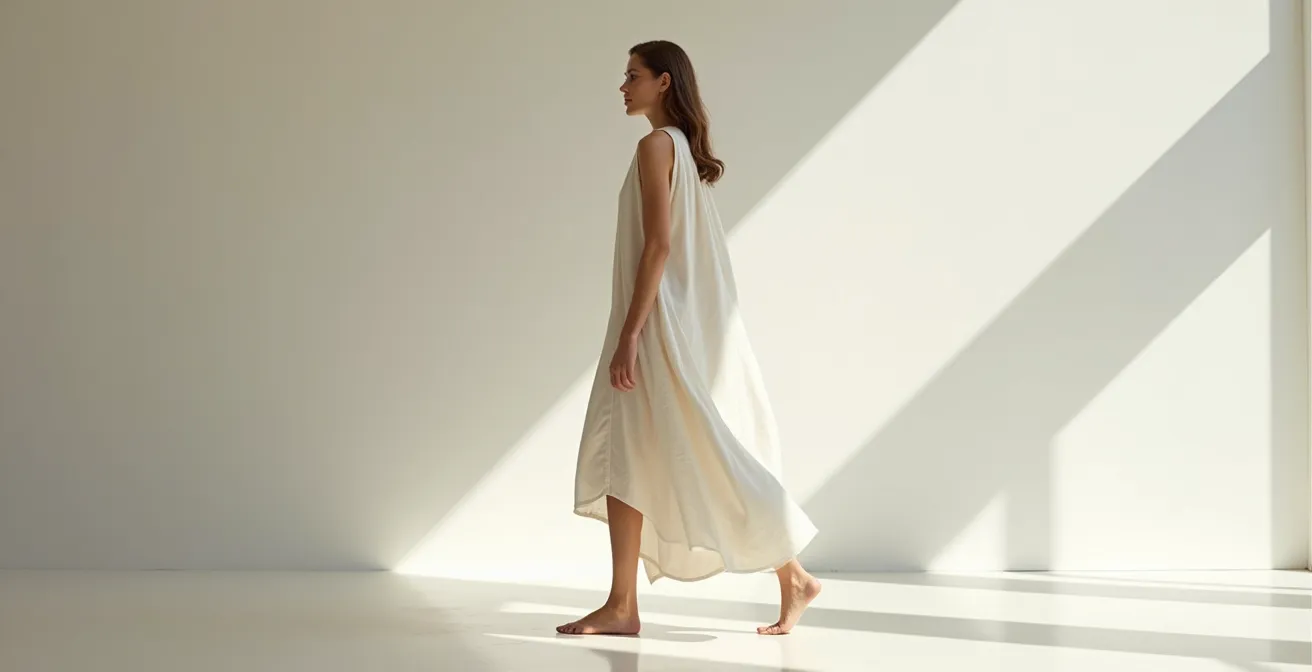 Minimalistische Modeaufnahme zeigt das Bauhaus-Prinzip in der Damenmode