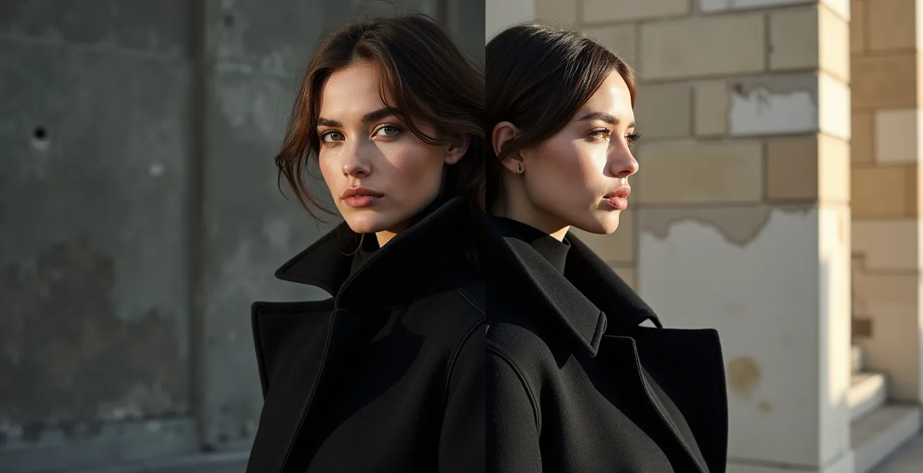 Kontrast zwischen minimalistischem Berliner Stil, der durch schwarze, strukturierte Kleidung repräsentiert wird, und klassischem Münchner Look mit traditionellen, edlen Materialien.