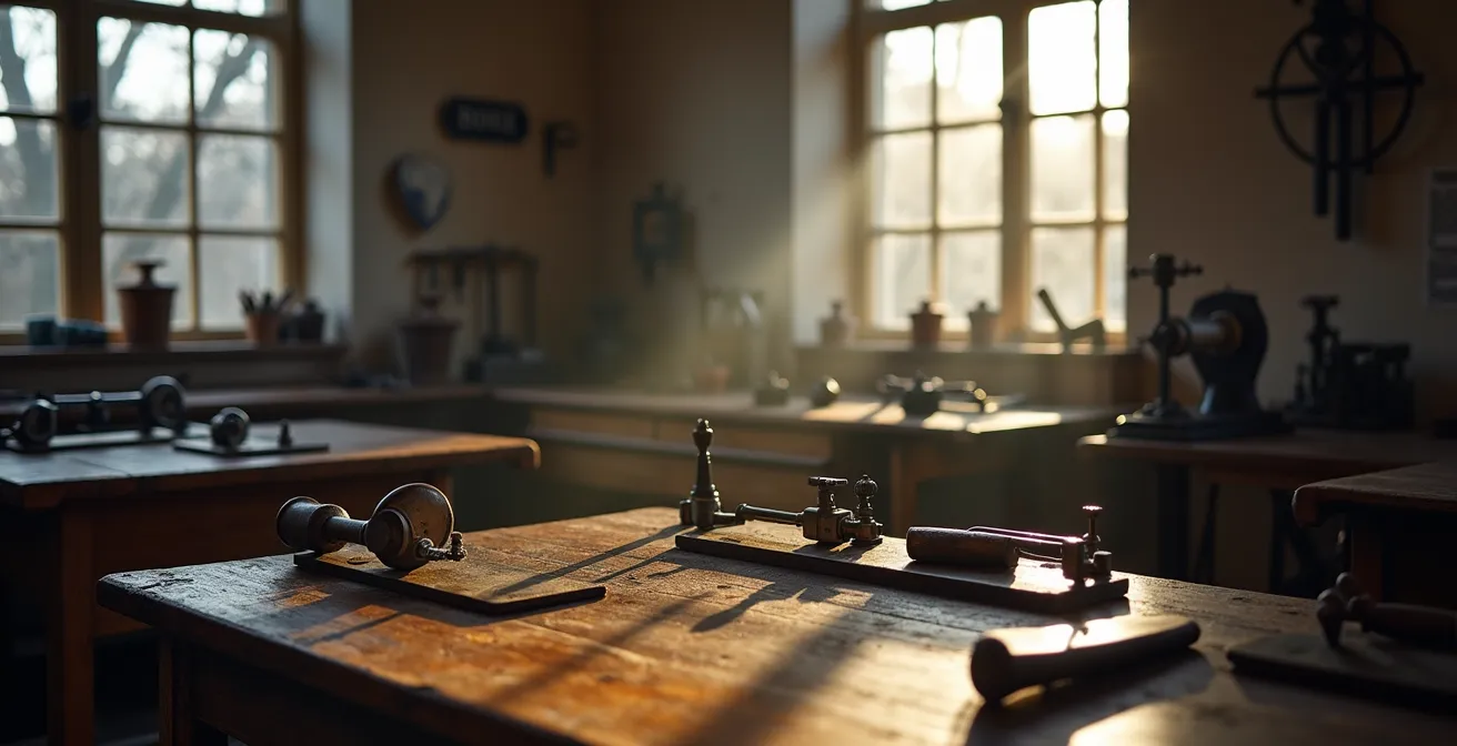 Atmosphärische Werkstattszene mit traditionellen Uhrmacherwerkzeugen und modernen Präzisionsinstrumenten