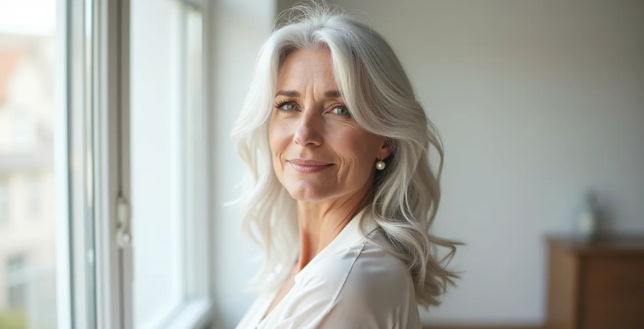 Stilvolle Frau mit natürlich grauem Haar strahlt Selbstbewusstsein aus