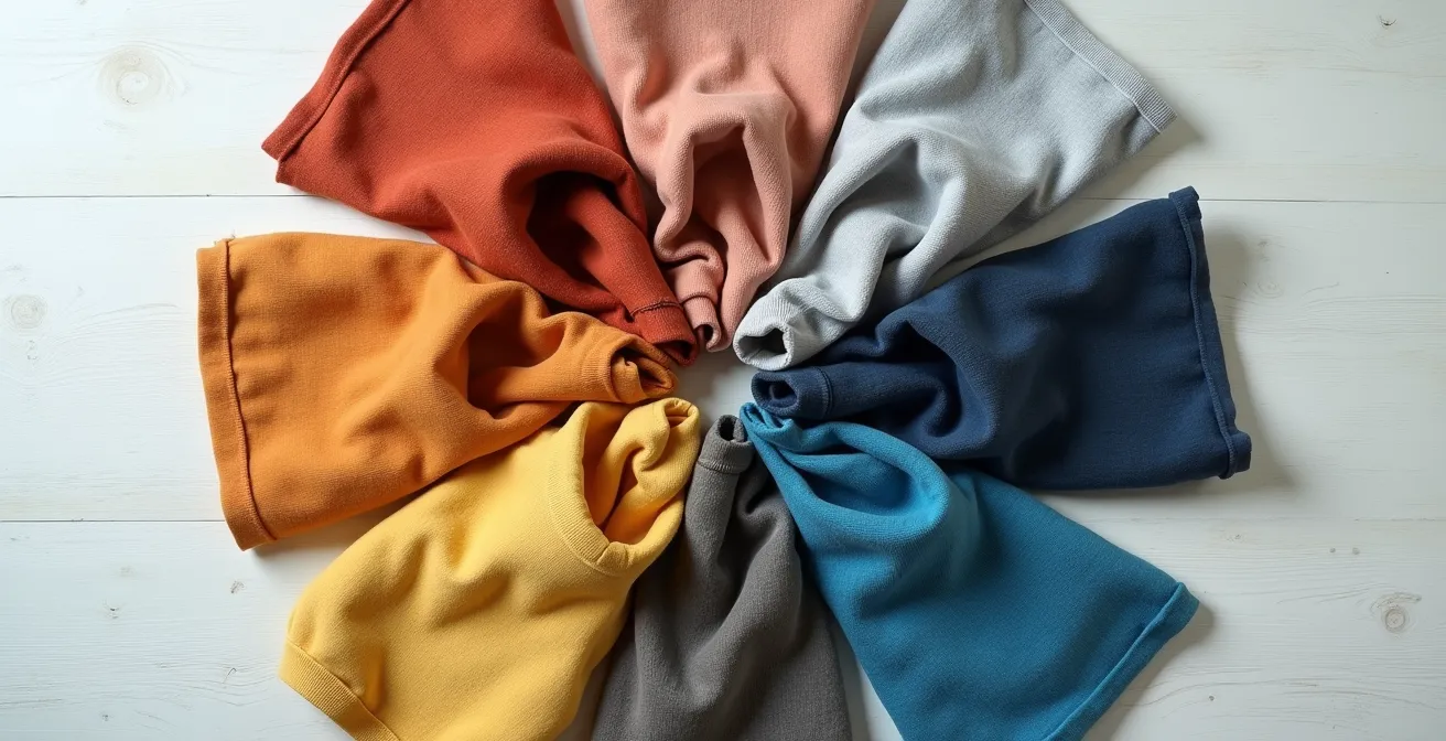 Farblich koordinierte Kleidungsstücke in harmonischen Tönen arrangiert