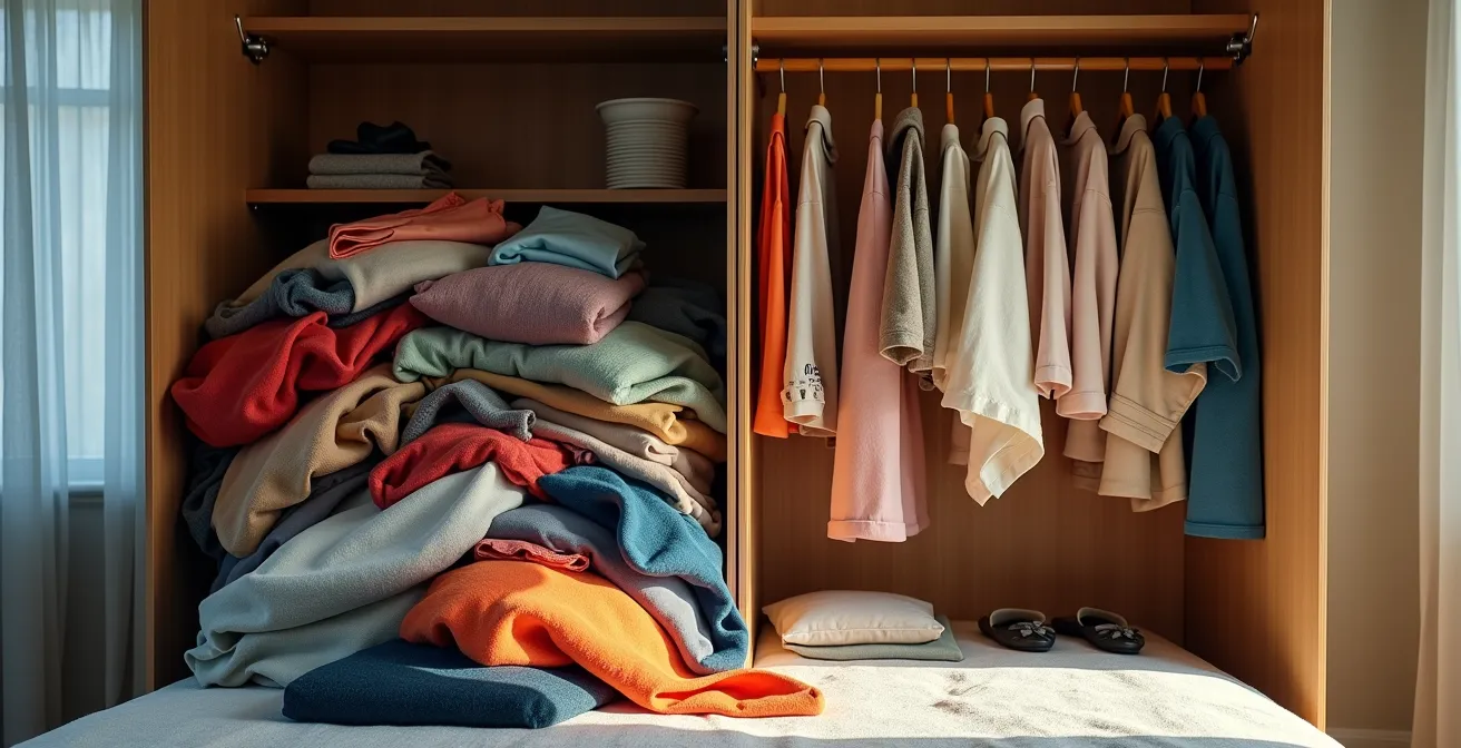 Visueller Vergleich zwischen überfülltem und minimalistischem Kleiderschrank