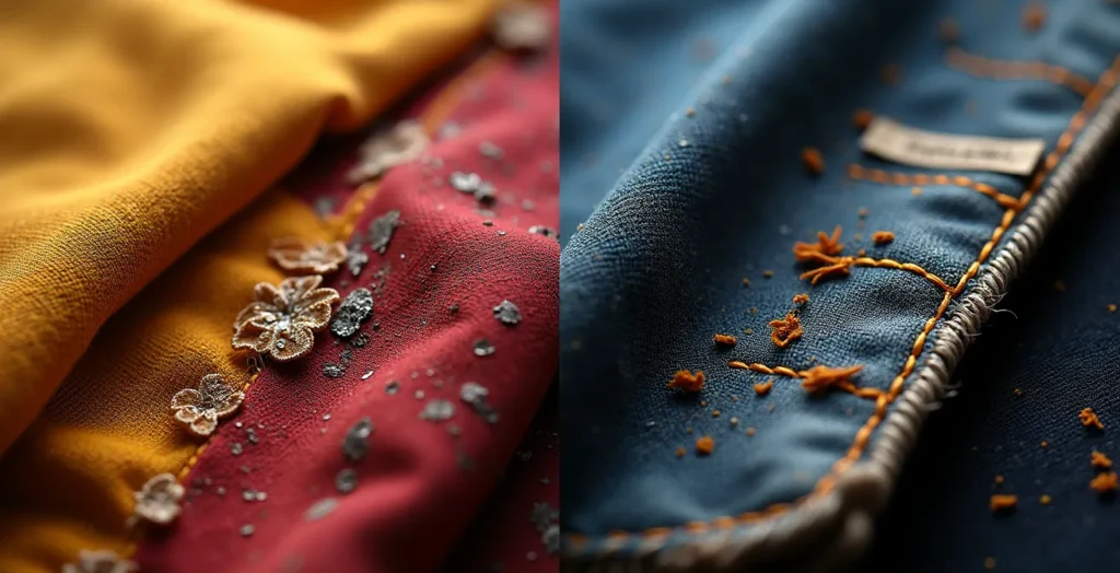 Symbolische Darstellung des Fast-Fashion-Zyklus versus nachhaltiger Langlebigkeit: Auf der linken Seite schnelle Textilien, die verschleißen, auf der rechten Seite hochwertige, langlebige Kleidungsstücke.