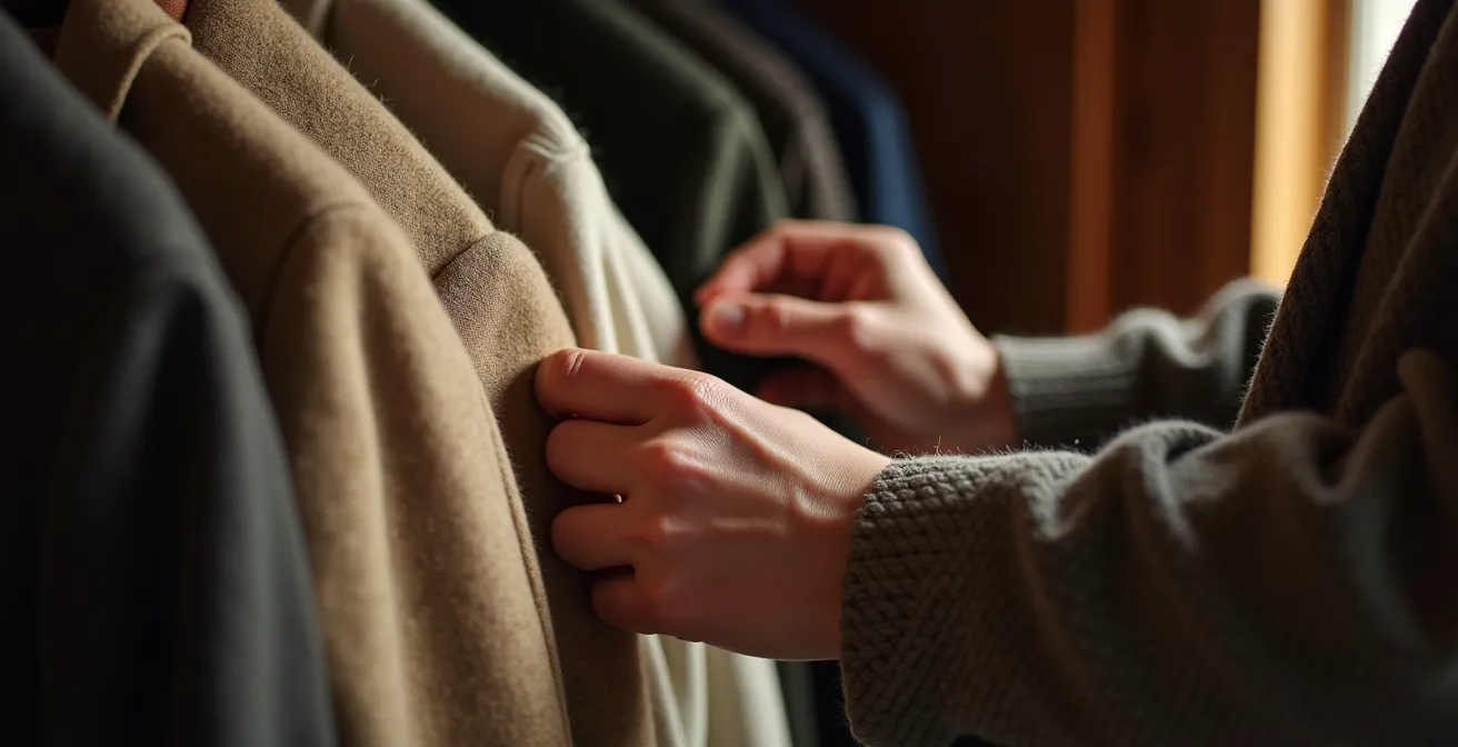 Hände, die sanft verschiedene Kleidungsstücke in einem Kleiderschrank berühren, die verschiedene Lebensphasen repräsentieren und die Garderobe als persönliches Archiv darstellen.