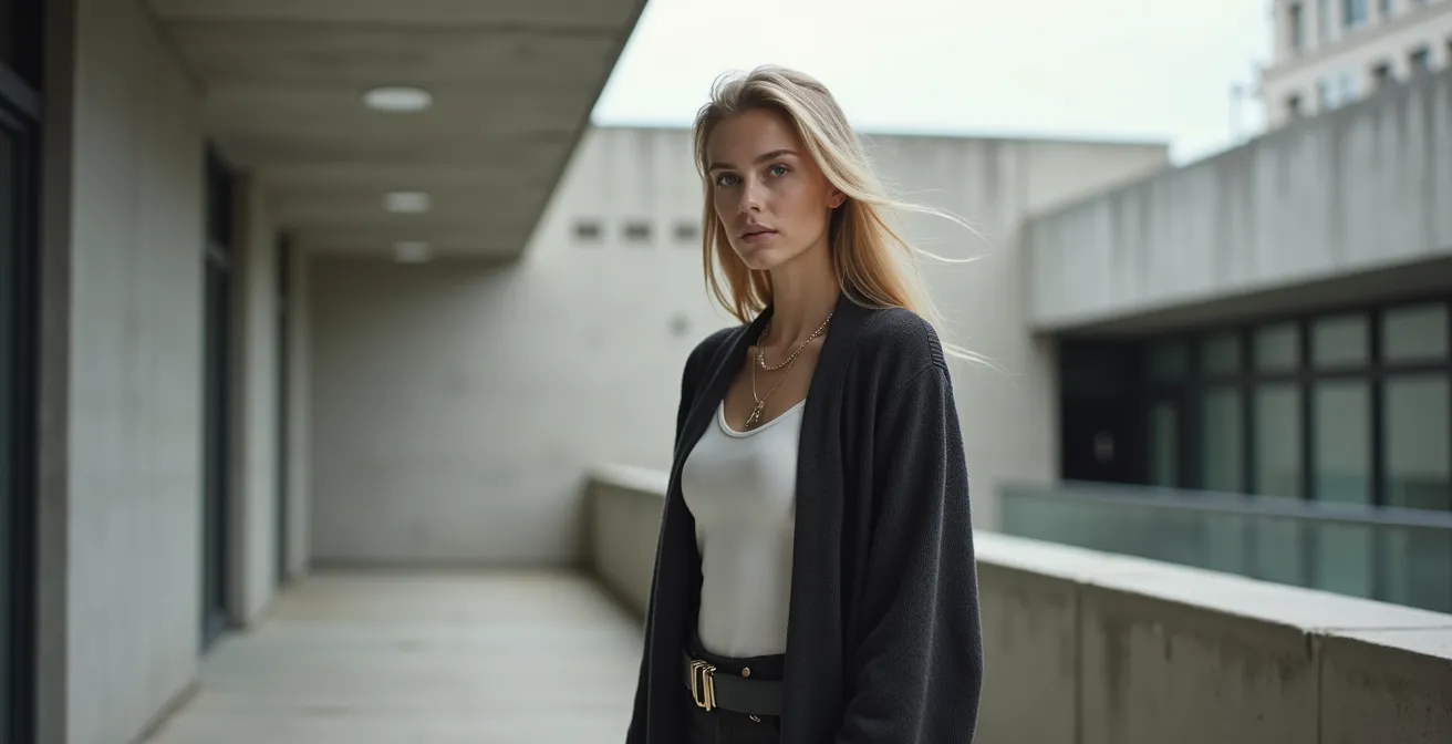 Frau trägt schmalen Gürtel über offener Strickjacke im Lagenlook