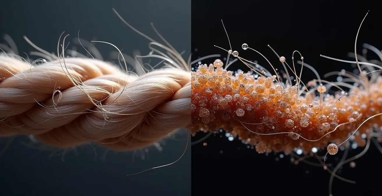 Mikroskopische Darstellung der unterschiedlichen Wirkweisen von Haarspray als glattes Netz und Texturspray als raue Partikel auf dem Haar