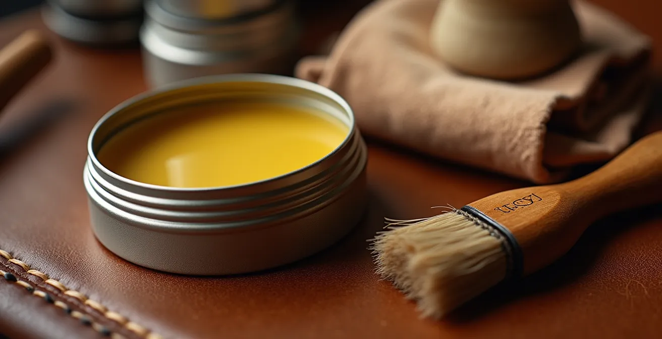 Macro-Aufnahme von Lederpflegemitteln und weichem Baumwolltuch auf genarbtem Leder