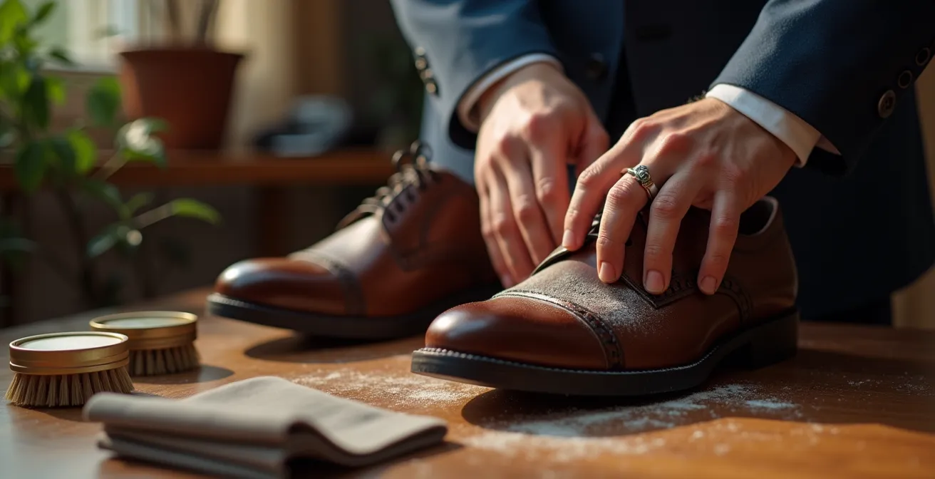 Hände beim meditativen Polieren eines rahmengenähten Lederschuhs