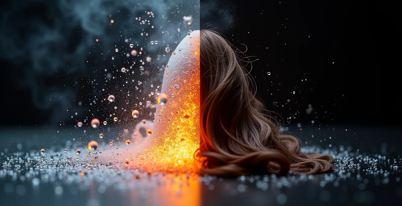 Mikroskopische Darstellung einer Dampfbarriere zwischen heißem Glätteisen und geschütztem Haar