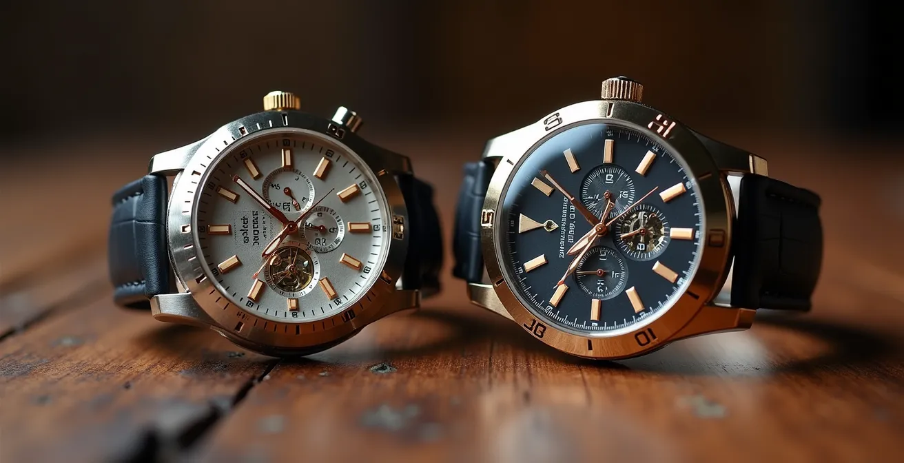 Nahaufnahme von zwei Luxusuhren nebeneinander auf Holzoberfläche