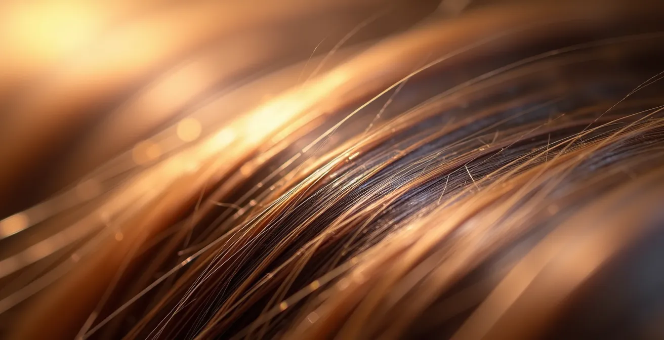 Makroaufnahme glänzender Haarsträhnen mit sichtbarer Lichtreflexion