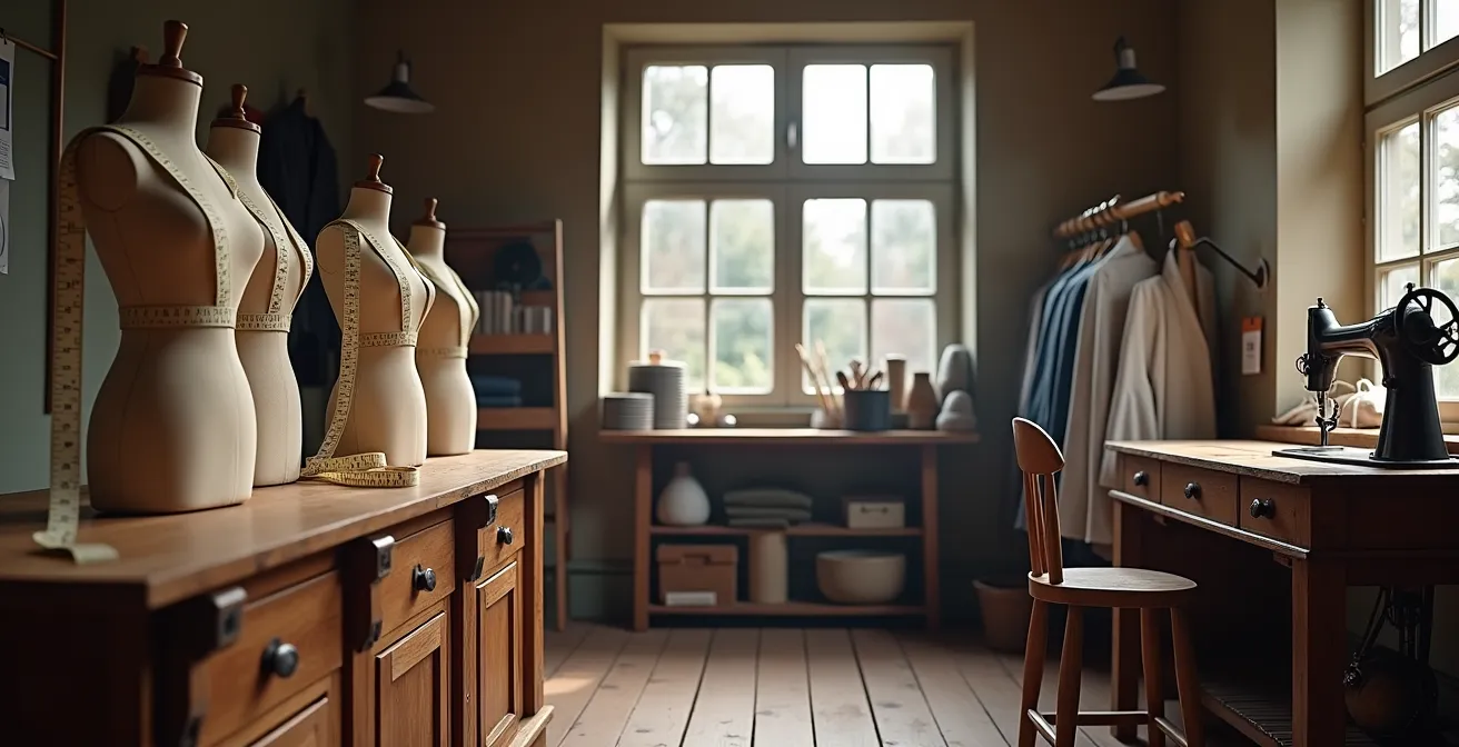 Weitwinkelaufnahme eines traditionellen deutschen Schneiderateliers