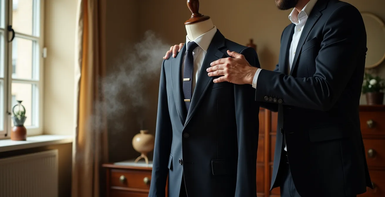Professionelle Anzugpflege mit Dampfbügeleisen und Kleiderbügel aus Zedernholz