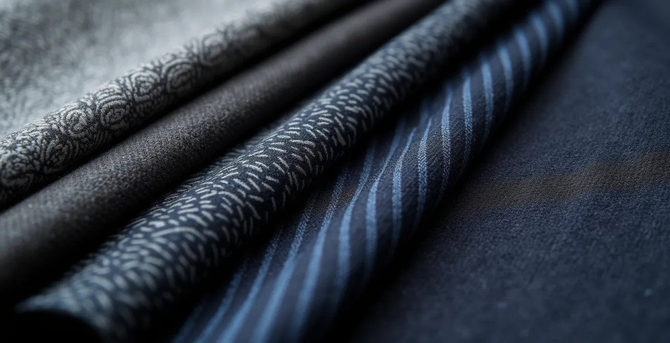 Nahaufnahme verschiedener hochwertiger Anzugstoffe mit unterschiedlichen Texturen