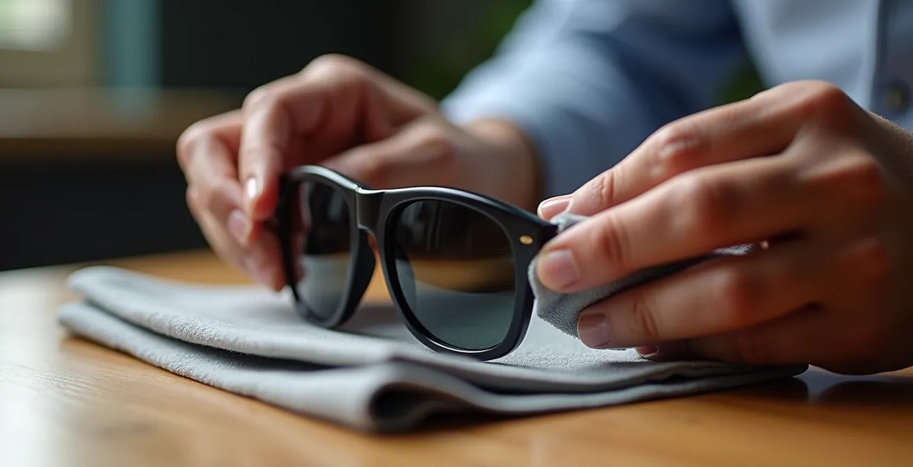 Nahaufnahme der richtigen Brillenreinigung einer hochwertigen Sonnenbrille mit einem sauberen Mikrofasertuch.