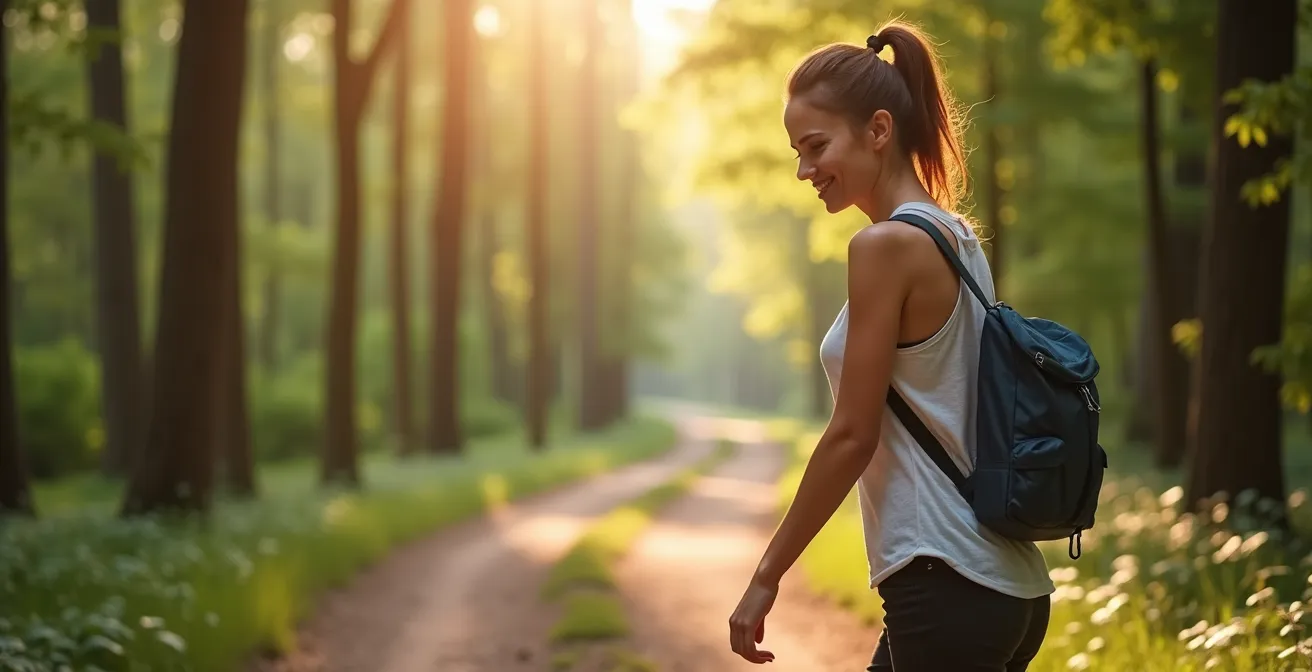 Eine Person mit einer leichten, minimalistischen Umhängetasche genießt die Freiheit und Unbeschwertheit bei einem Spaziergang im deutschen Wald.