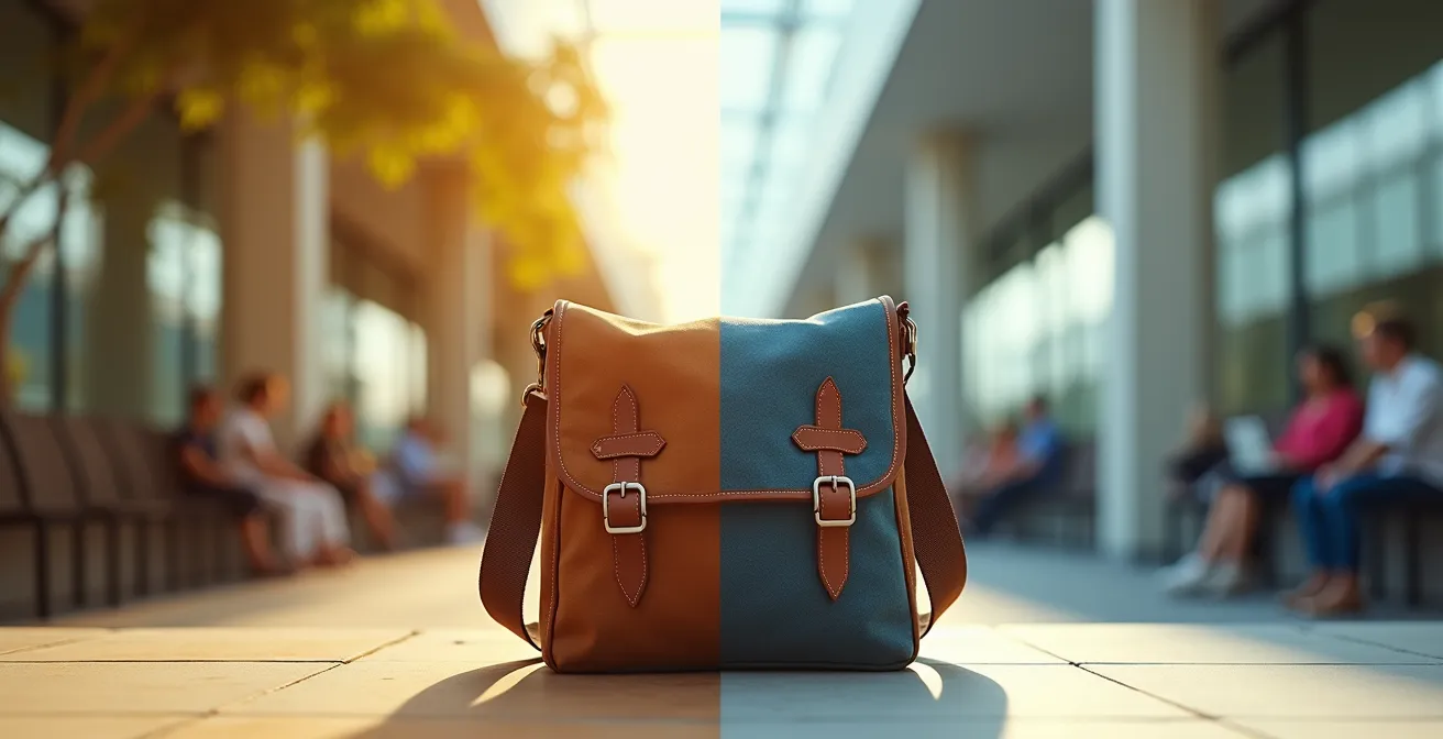 Eine wandelbare Umhängetasche, die sich von einem lässigen Festival-Stil in einen professionellen Business-Look verwandelt.