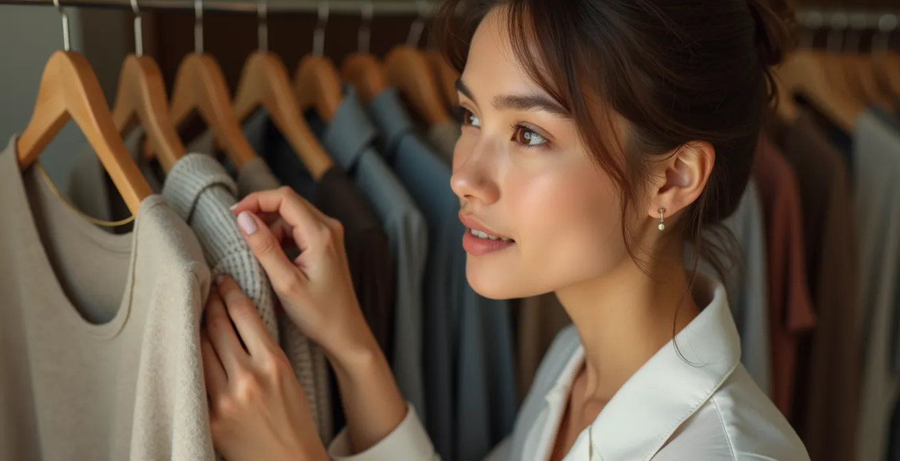 Emotionale Porträtaufnahme einer Frau bei der achtsamen Kleidungsauswahl