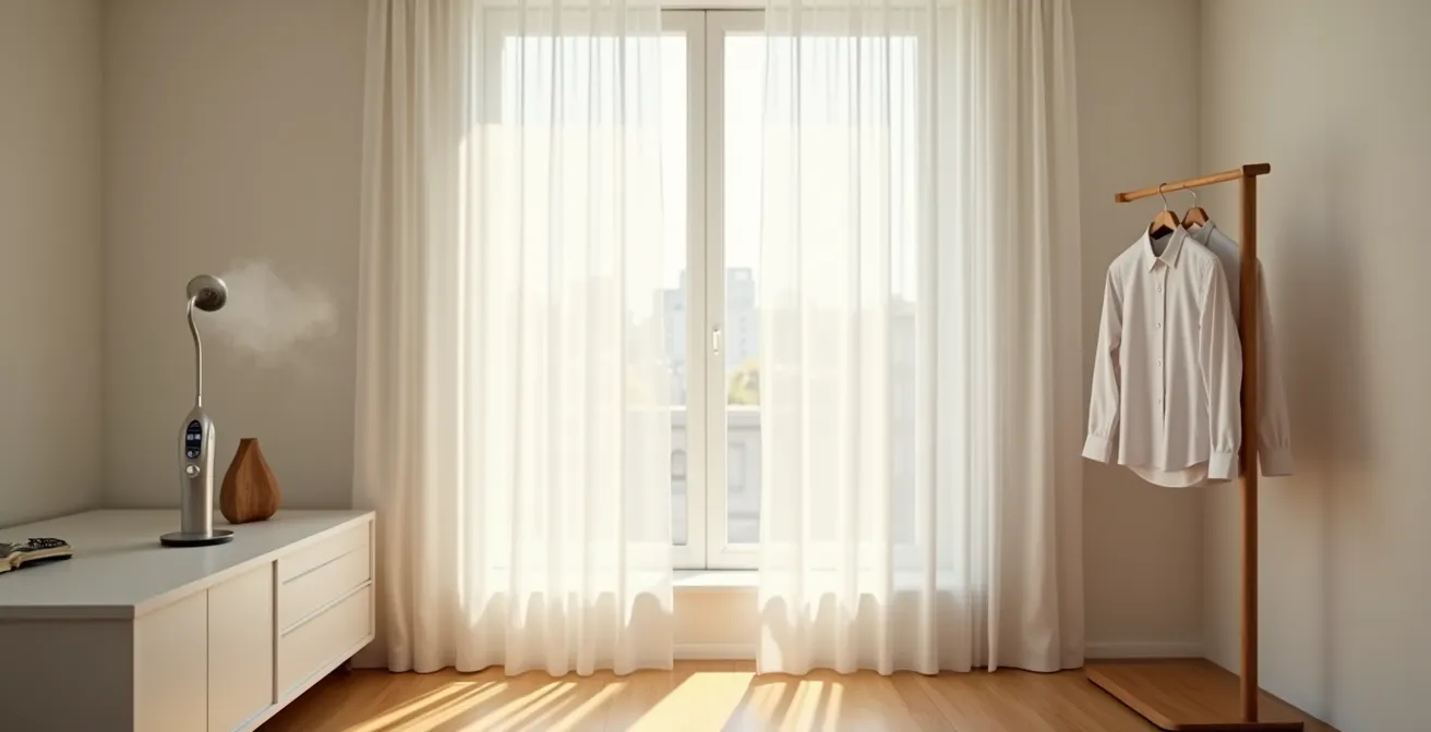 Dampfbügeleisen über hochwertigem Twill-Hemd