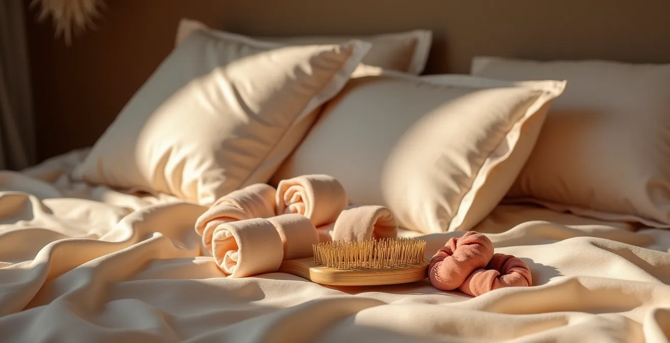 Seidenkissenbezug und verschiedene Haar-Styling-Accessoires für hitzefreies Styling