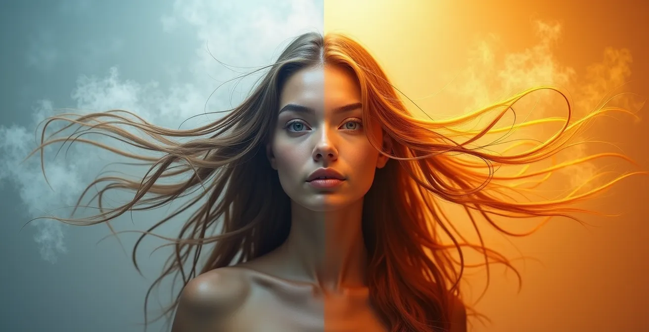 Visualisierung der unterschiedlichen Hitzeschutz-Anforderungen: Dampf steigt von nassem Haar auf, während Hitzewellen trockenes Haar umgeben.