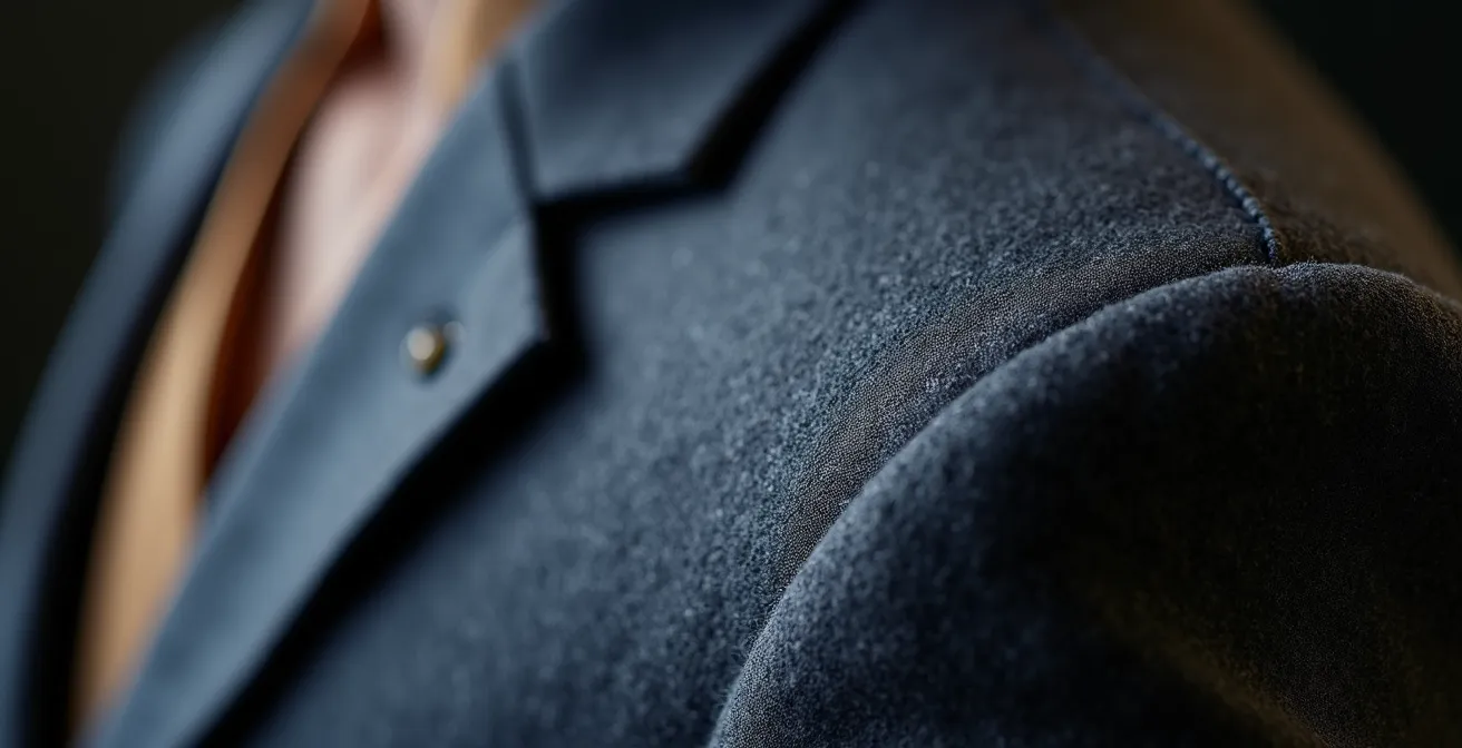 Nahaufnahme einer perfekt sitzenden Anzugschulter mit strukturiertem Tweed