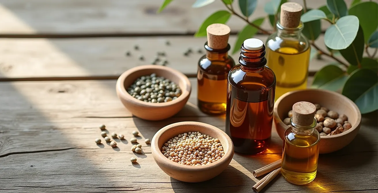 Verschiedene natürliche Öle und Zutaten für Pre-Poo-Behandlung auf Holztisch