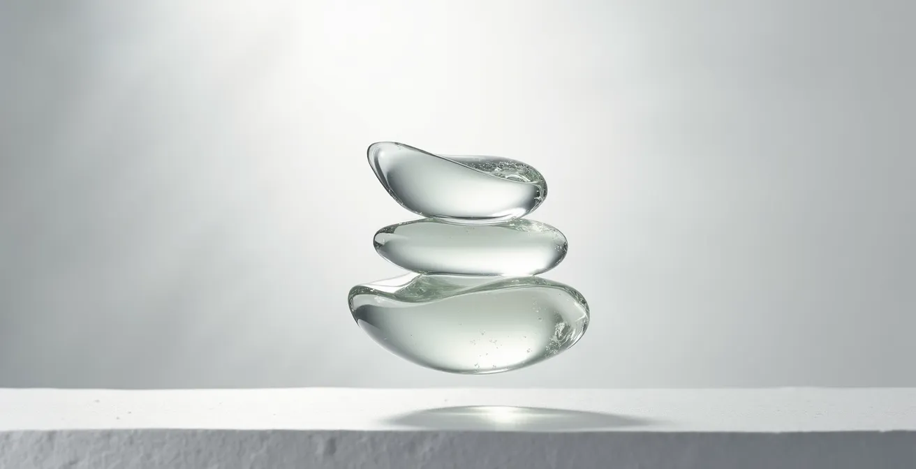 Dreischichtige Hautpflegeprodukte in transparenten Texturen übereinander geschichtet, die die Sandwich-Methode der Hautpflege symbolisieren.