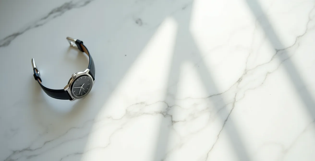 Nahaufnahme von entspiegeltem Saphirglas auf einer Luxusuhr, das Licht ohne Reflexionen zeigt.