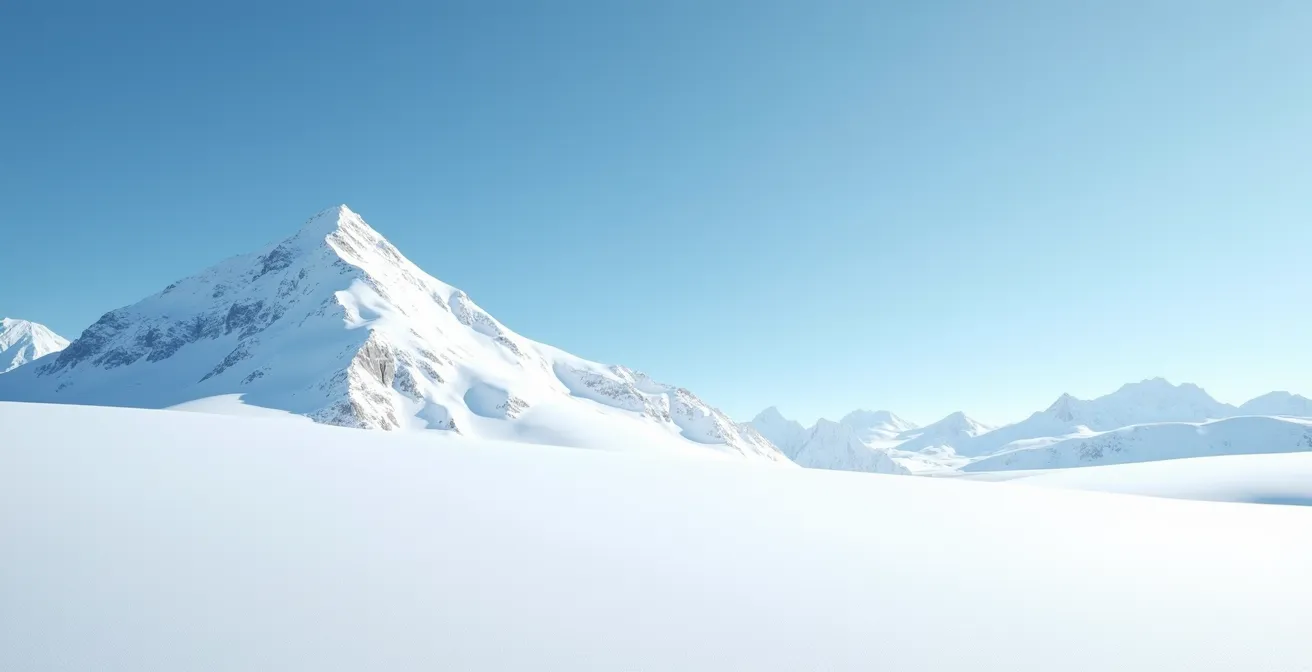 Spezielle Schneebrillen mit seitlichem Schutz für alpine Bedingungen in der extremen Helligkeit einer Schneelandschaft.
